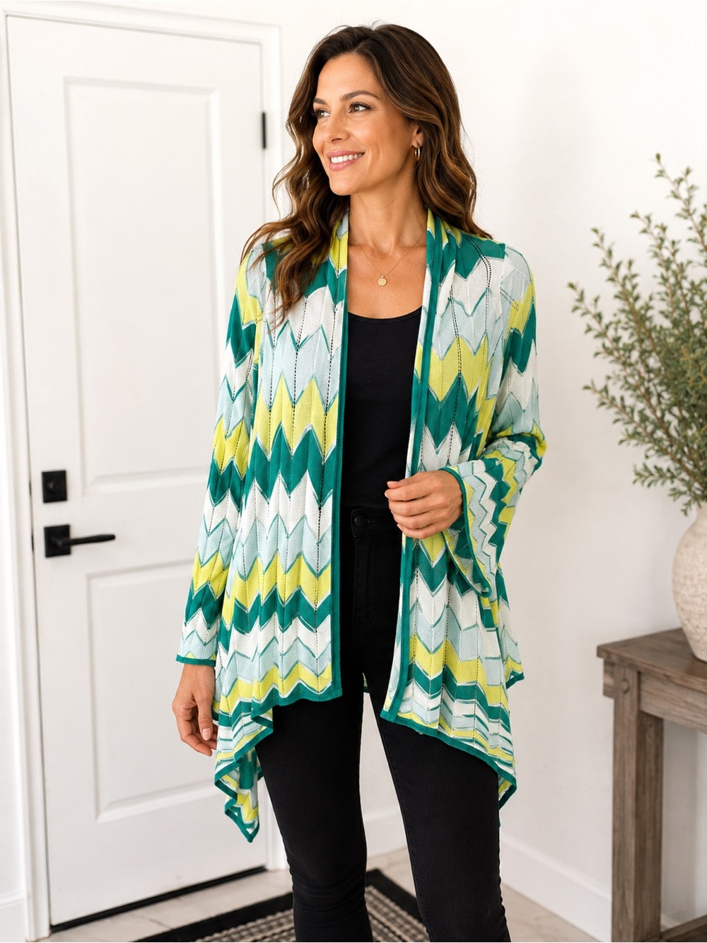 BCBGMaxAzria silk rayon blend Teal, Lime & White Chevron Draped Open Cardigan M